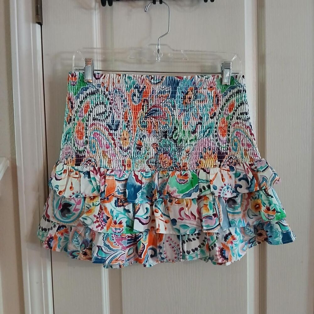 Venus Vibrant Boho Smocked Tiered Paisley Print Mini Skirt S Dopamine Indie Boho